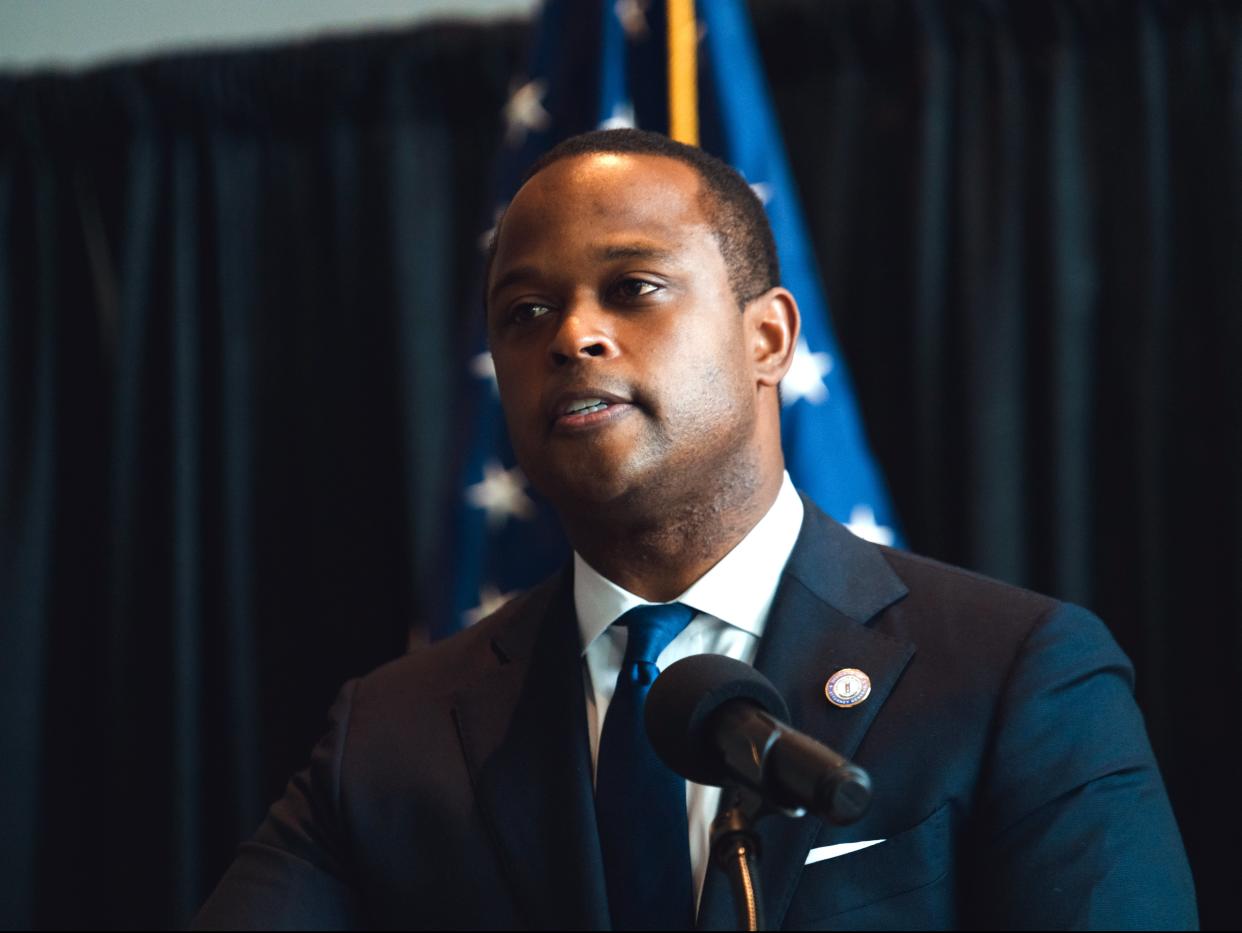 Kentucky Attorney General Daniel Cameron speaks during a press conference to announce a grand jury's decision to indict one of three Louisville Metro Police Department officers involved in the shooting death of Breonna Taylor (Getty Images)