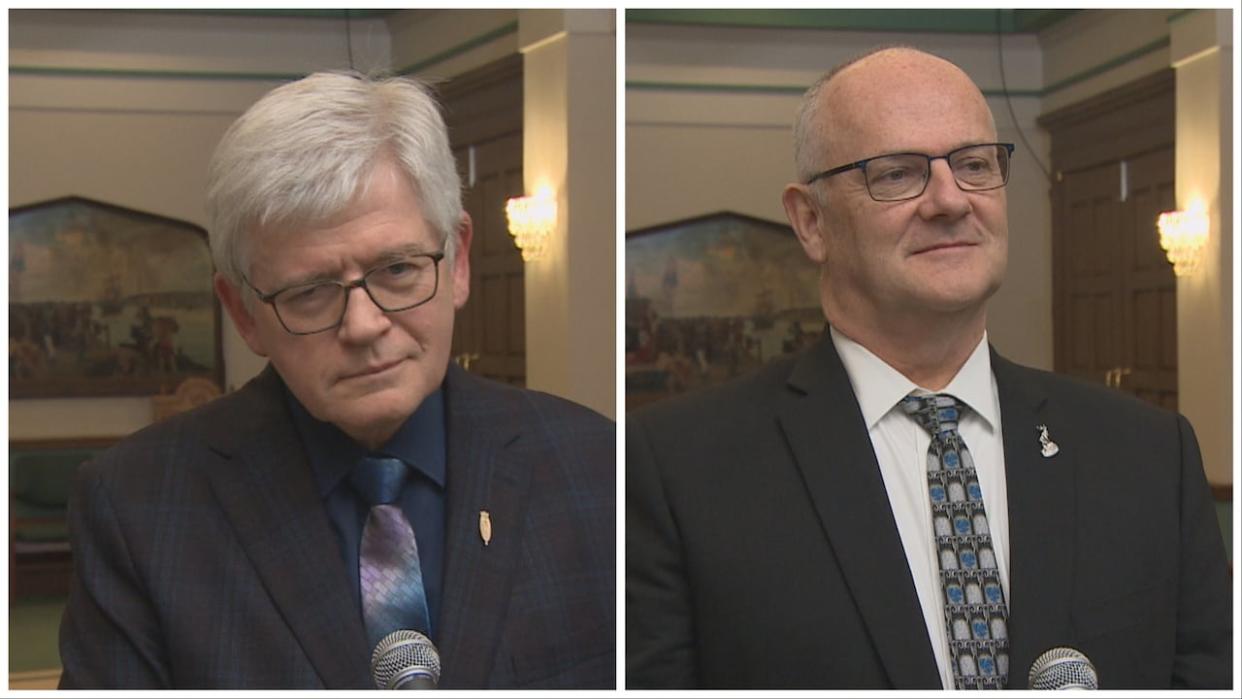N.L. NDP Leader Jim Dinn, left, and PC education critic Paul Dinn say the money set aside for teaching assistants doesn't go far enough to address concerns within the education system. (Darryl Murphy/CBC - image credit)