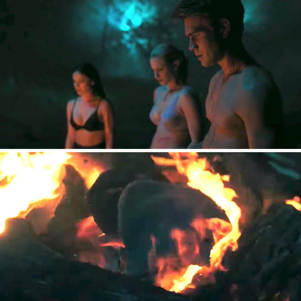 Veronica, Betty, and Archie in only their underwear burning Jughead's beanie