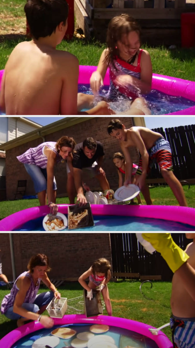 Kids playing in a blow up kiddie pool and then their family washing dishes in there