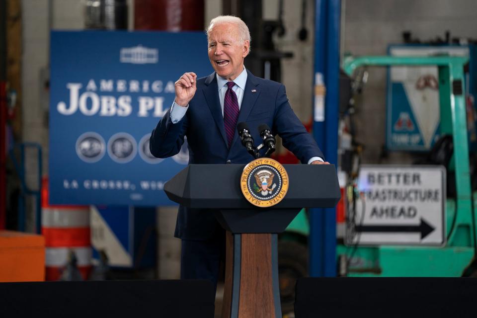 President Joe Biden speaks about infrastructure spending at the La Crosse Municipal Transit Authority in La Crosse on Tuesday.