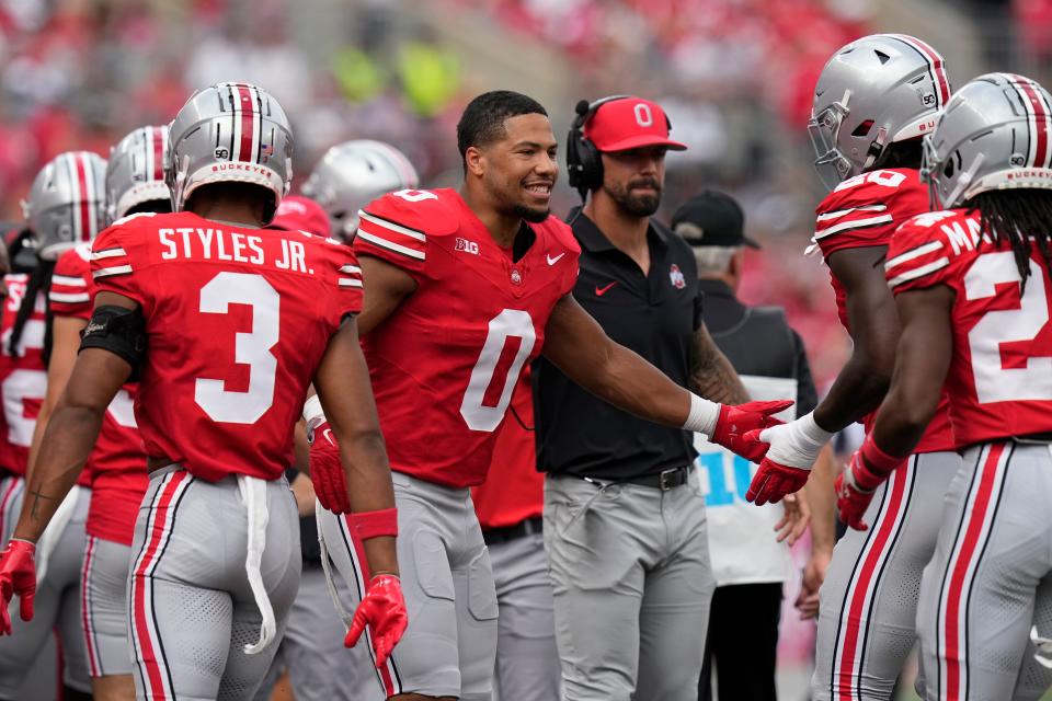 Aug 31, 2024; Columbus, OH, USA; Ohio State Buckeyes linebacker Cody Simon (0) watches from the sideline during the first half of the NCAA football game against the Akron Zips at Ohio Stadium.