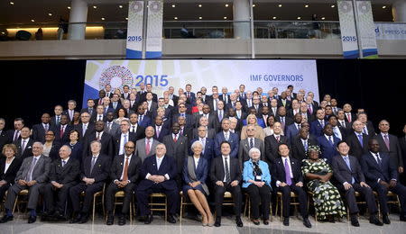 Finance Ministers and bank governors gather for a group photo of the International Monetary and Financial Committee (IMFC) governors, during the IMF and World Bank's 2015 Annual Spring Meetings, in Washington, April 18, 2015. REUTERS/Mike Theiler