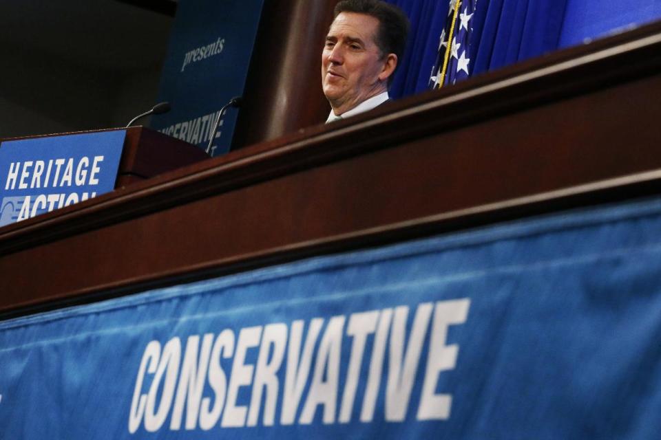 Former Republican South Carolina Seb. Jim DeMint, president of the Heritage Foundation, speaks at the Heritage Action for America 2014 Conservative Policy Summit in Washington, Monday, Feb. 10, 2014. (AP Photo/Charles Dharapak)