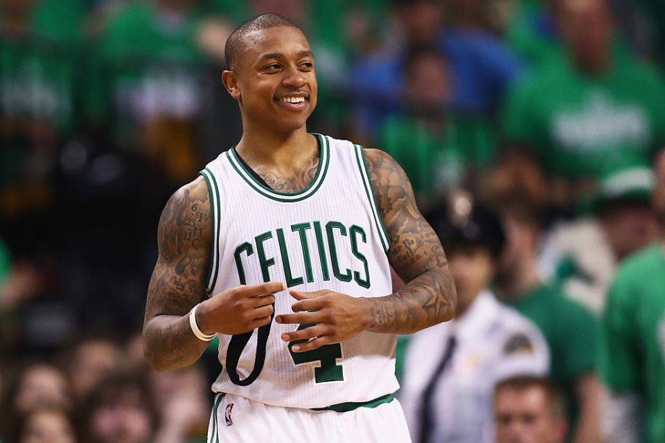 Isaiah Thomas of the Boston Celtics smiles during the fourth quarter of Game 3 of the Eastern Conference Quarterfinals during the 2016 NBA Playoffs against the Atlanta Hawks. (Maddie Meyer/Getty Images)