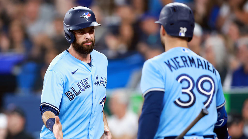 The Blue Jays are getting their money's worth from their offseason acquisitions, including Brandon Belt (left).  (Photo by Vaughn Ridley/Getty Images)