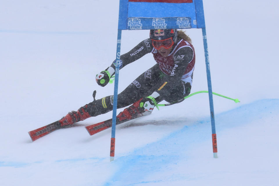 Italy's Sofia Goggia speeds down the course during an alpine ski, women's World Cup super G race, in Kvitfjell, Norway, Sunday, March 5, 2023. (AP Photo/Marco Trovati)