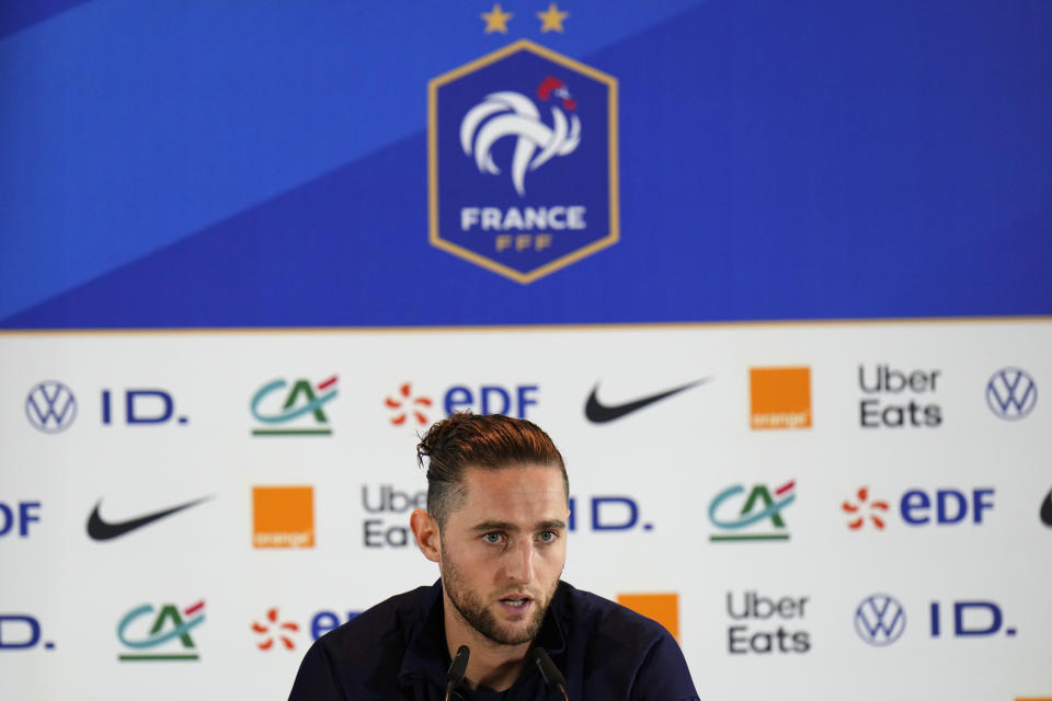 France's Adrien Rabiot speaks during a press conference in Paderborn, Germany, Wednesday, June 19, 2024. France will play against Austria during their Group D soccer match at the Euro 2024 soccer tournament on June 17. (AP Photo/Hassan Ammar)