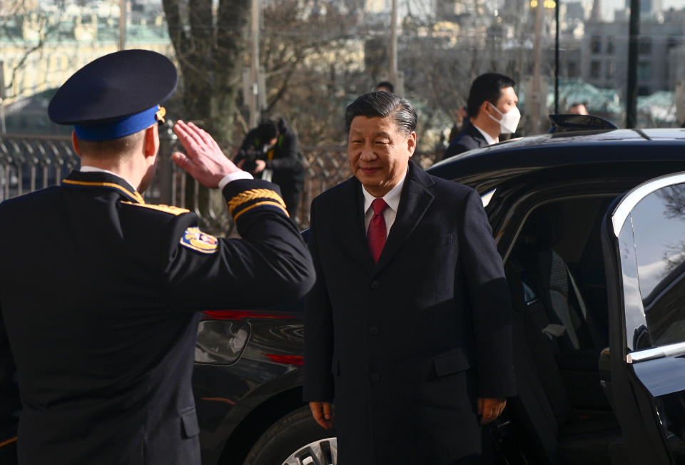 Chinese President Xi Jinping attend an official welcome ceremony at The Grand Kremlin Palace prior to his talks with Russian President Vladimir Putin, in Moscow, Russia, Tuesday, March 21, 2023. (Vladimir Astapkovich, Sputnik, Kremlin Pool Photo via AP)