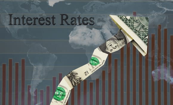 "Interest Rates" written above a bar chart trending upwards, with a dollar bill forming the line and arrow. 