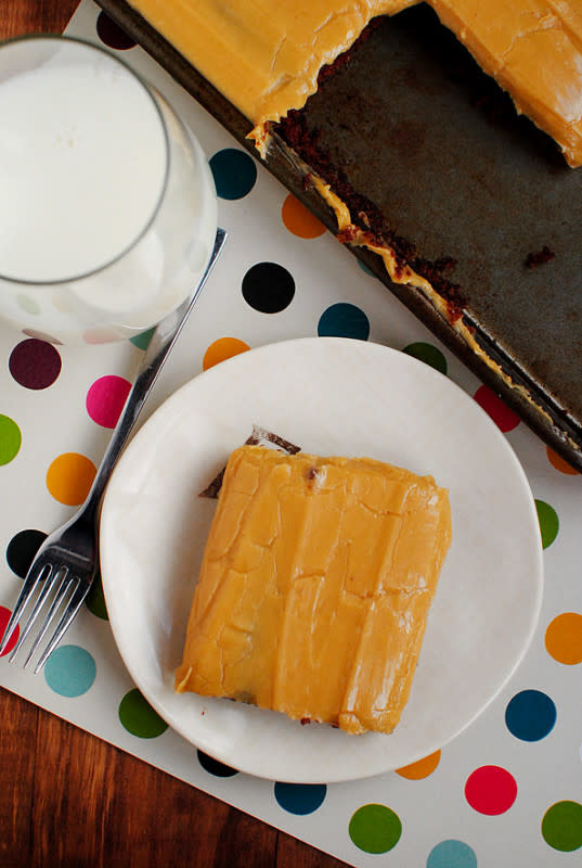 <p>Iowa Girl Eats</p><p>This ridiculously moist chocolate sheet cake slathered with a luscious peanut butter icing when it’s still warm from the oven tastes like a giant Reese’s Peanut Butter Cup.</p><p><strong>Get the recipe:</strong> <a href="https://iowagirleats.com/the-best-chocolate-sheet-cake-with-peanut-butter-icing/" rel="nofollow noopener" target="_blank" data-ylk="slk:Chocolate Sheet Cake with Peanut Butter Frosting;elm:context_link;itc:0;sec:content-canvas" class="link rapid-noclick-resp"><strong>Chocolate Sheet Cake with Peanut Butter Frosting</strong></a></p>