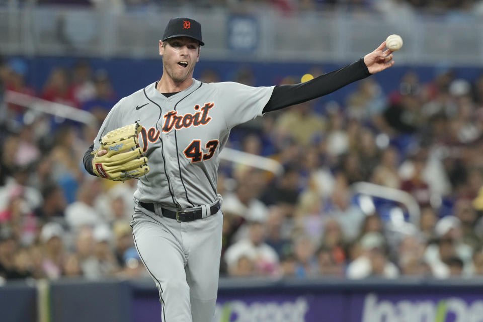 Detroit Tigers pitcher Joey Wentz (43) throws to first base during the second inning of a baseball game against the Miami Marlins, Saturday, July 29, 2023, in Miami. The Tigers defeated the Marlins 5-0. (AP Photo/Marta Lavandier)