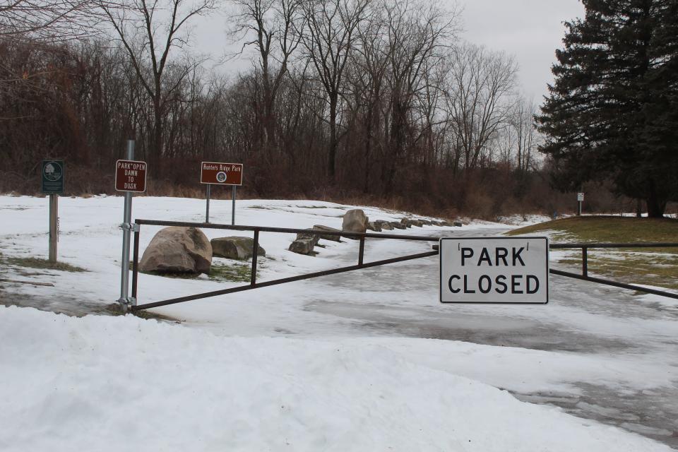 Snow plowed in front of the gate at Hunters Ridge Park on Feb. 17, 2022.