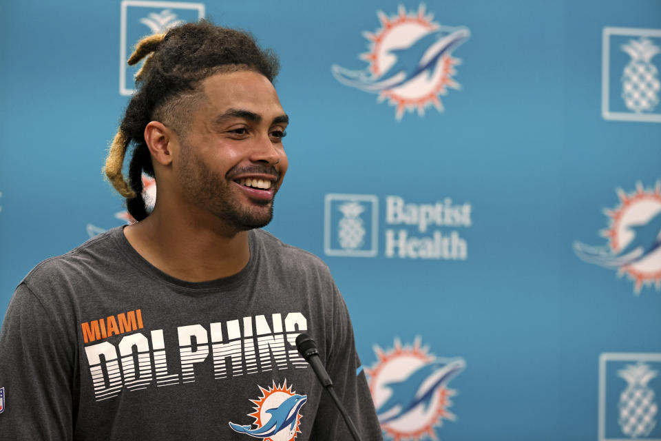 Miami Dolphins wide receiver Will Fuller talks with the media after NFL football practice, Wednesday, Sept. 15, 2021, in Miami Gardens, Fla. The Dolphins host the Buffalo Bills on Sunday. (David Santiago/Miami Herald via AP)