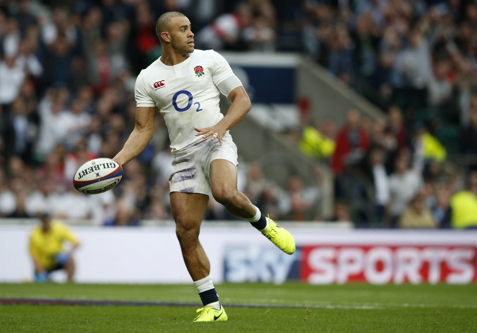 England's Jonathan Joseph scores his third try during the Six Nations rugby union international between England and Scotland at Twickenham stadium in London, Saturday, March 11, 2017. (AP Photo/Alastair Grant)