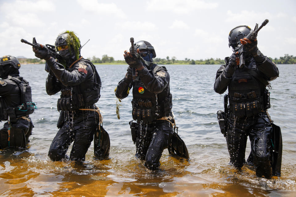 Ghanaian soldiers conduct combat drills during Flintlock 2023 at Sogakope beach resort, Ghana, Tuesday, March 14, 2023. As extremist violence in West Africa's Sahel region spreads south toward coastal states, the United States military has launched its annual military training exercise which will help armies contain the jihadi threat. Soldiers from several African countries are being trained in counter-insurgency tactics as part of the annual U.S.-led exercise known as Flintlock. (AP Photo/Misper Apawu)