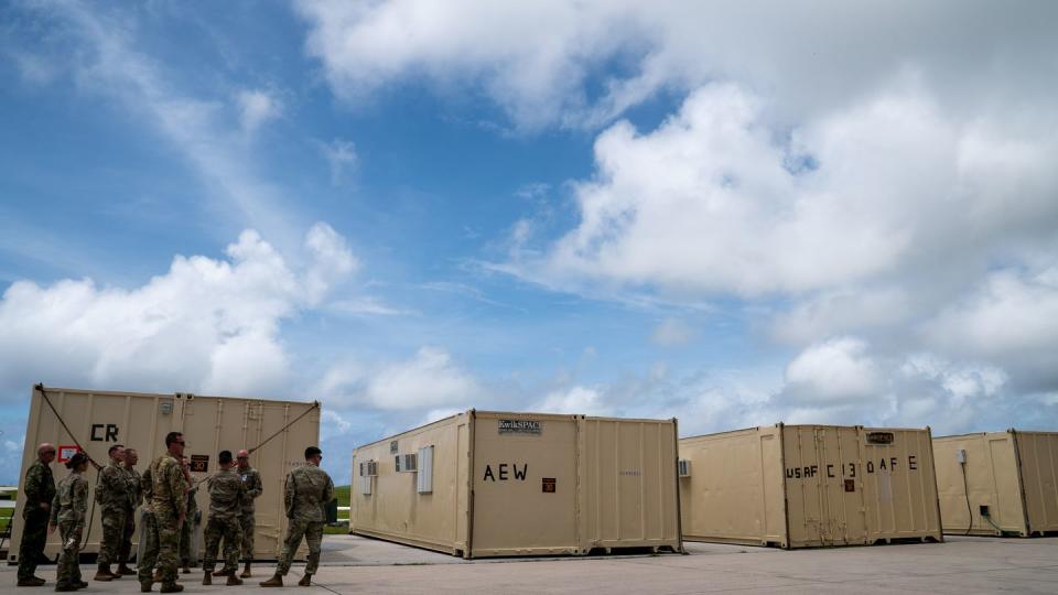 The 437th Air Expeditionary Wing operated out of a makeshift camp of trailers, known as Forward Operating Base LFG, during the Mobility Guardian 2023 exercise at Andersen Air Force Base, Guam. (Tech. Sgt. James Cason/Air Force)