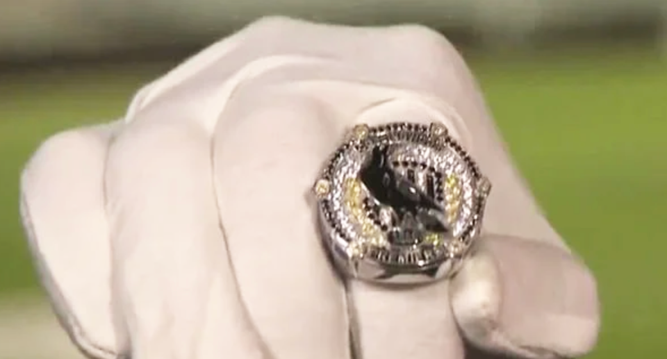 The premiership ring prototype the AFL is considering introducing. Image: Nine