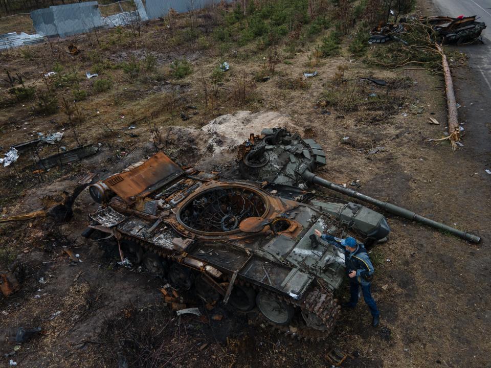 A destroyed Russian military tank on April 21, 2022 in Dmytrivka, Ukraine.