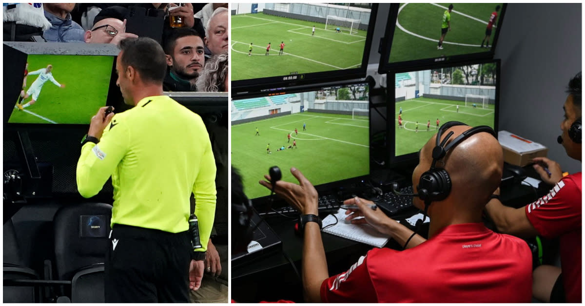 (From left) A referee using VAR technology during an English Premier League match, and Singapore officials in VAR training at Jalan Besar Stadium. (PHOTOS: Reuters/FAS)