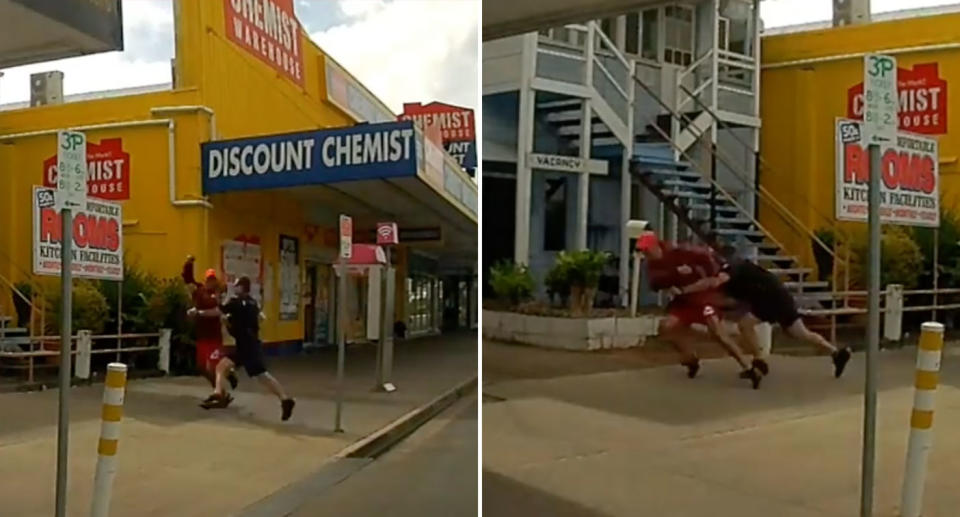 A Queensland Police officer tackled a 25-year-old man after he threatened security guards at Cairns Central Shopping Centre. Source: Facebook