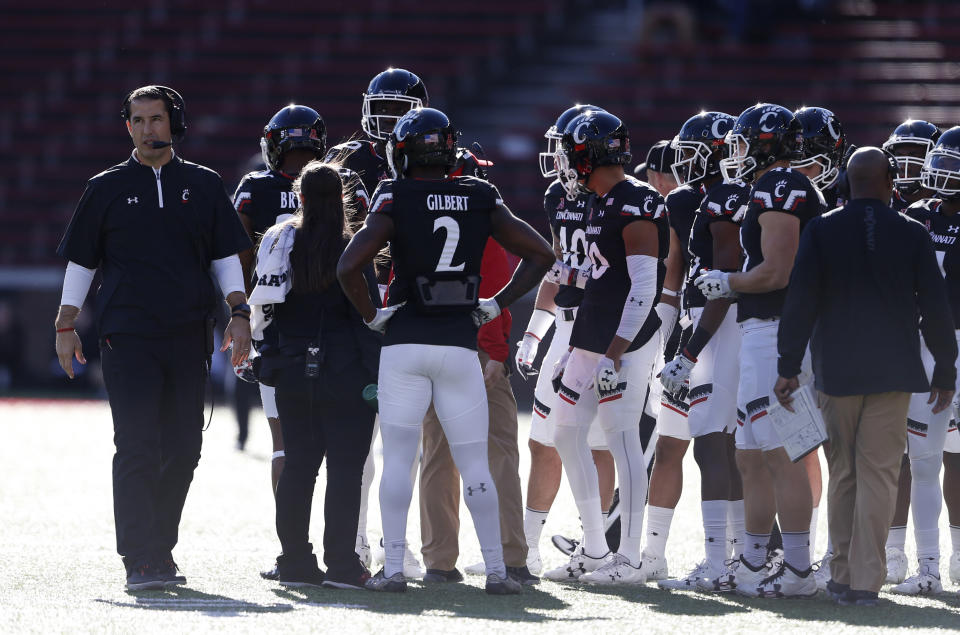 Cincinnati head coach Luke Fickell’s team is undefeated. (AP Photo/Gary Landers)