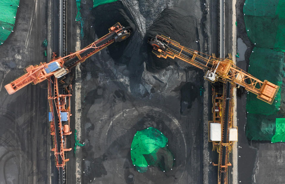 Aerial view of conveyor belts transporting coal into piles at Lianyungang Port on Dec. 2, 2022 in Lianyungang, Jiangsu Province, China.<span class="copyright">VCG/Getty Images</span>