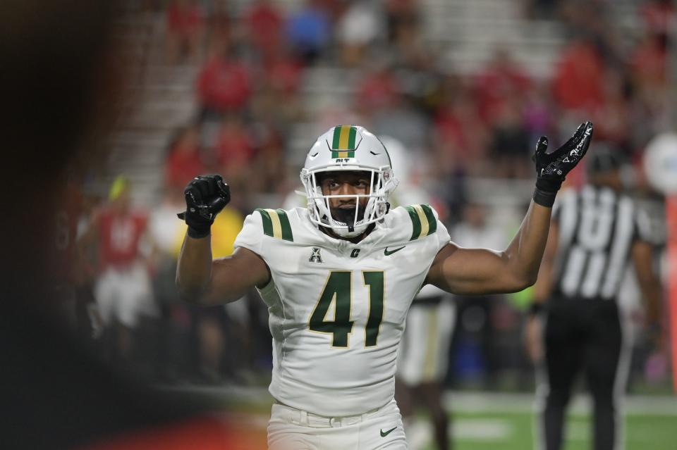 Sep 9, 2023; College Park, Maryland, USA; Charlotte 49ers linebacker Nikhai Hill-Green (41) reacts after stoping Maryland Terrapins offense on third down during the first half at SECU Stadium. Mandatory Credit: Tommy Gilligan-USA TODAY Sports