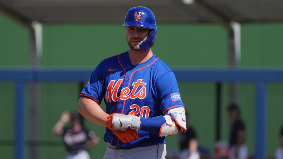 Feb 26, 2024; West Palm Beach, Florida, USA; New York Mets first baseman Pete Alonso (20) stands on second base after hitting a ground rule double in the fifth inning against the Washington Nationals at CACTI Park of the Palm Beaches.