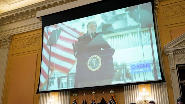 PHOTO: A video of then-President Donald Trump speaking is displayed as the House select committee investigating the Jan. 6 attack on the U.S. Capitol, Washington, June 23, 2022. (J. Scott Applewhite/AP)