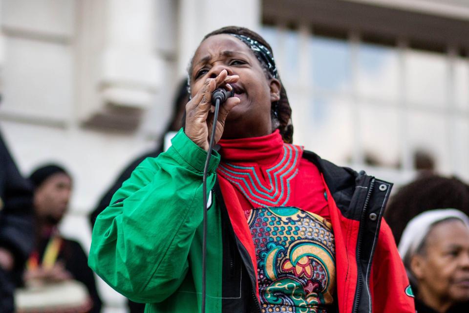 London, England, UK. 20th Mar, 2022. Ngozi Headley-Fulani, from Sistah Space, a Hackney-based organisation providing support and advocacy to African heritage women and girls survivors of domestic abuse, addresses the audience during her heartfelt speech regarding ChildQ and racism in the UK policing institutions. Hundreds of Londoners have gathered at London's Hackney Town Hall for to show their solidarity to Child Q. (Credit Image: © Sabrina Merolla/ZUMA Press Wire)