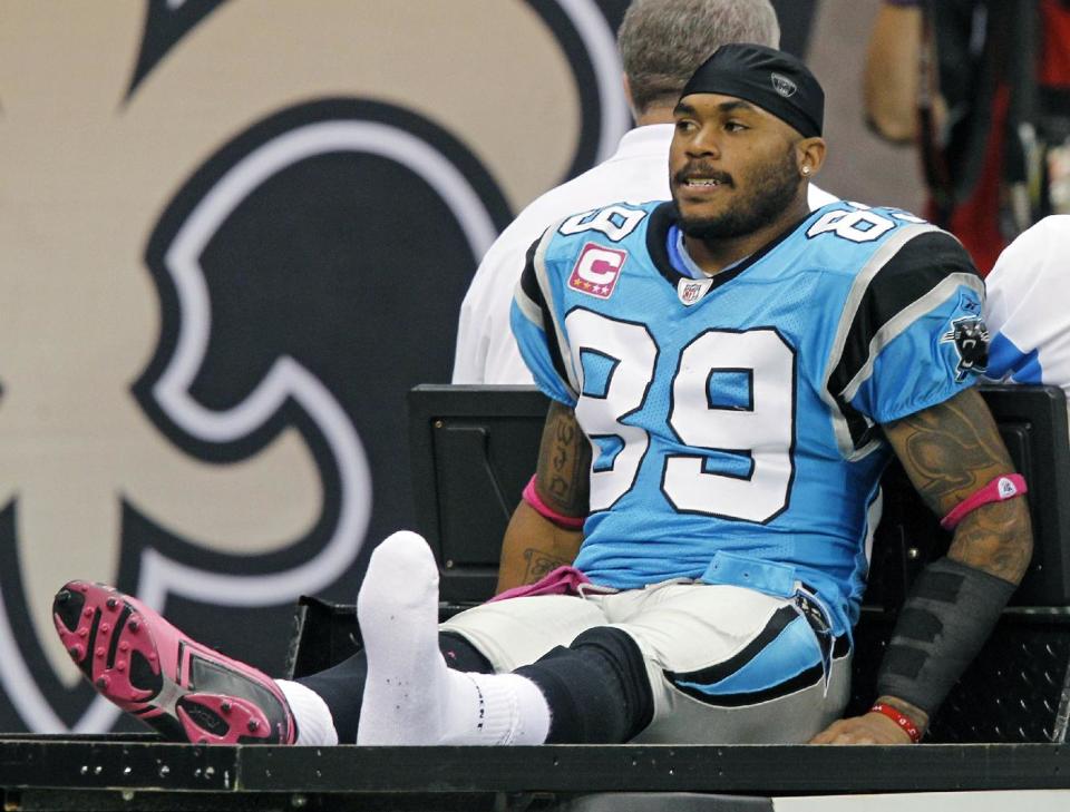 FILE - In this Oct. 3, 2010 file photo, Carolina Panthers wide receiver Steve Smith (89) leaves the field on a cart after being injured in an NFL football game against the New Orleans Saints in New Orleans. Now that the NFL has uncovered a big-money bounty program for players in New Orleans, it likely will zero in on other teams Gregg Williams worked for. That means the Titans, Redskins, Jaguars and Bills probably should all expect to hear from the league soon (AP Photo/Bill Haber)