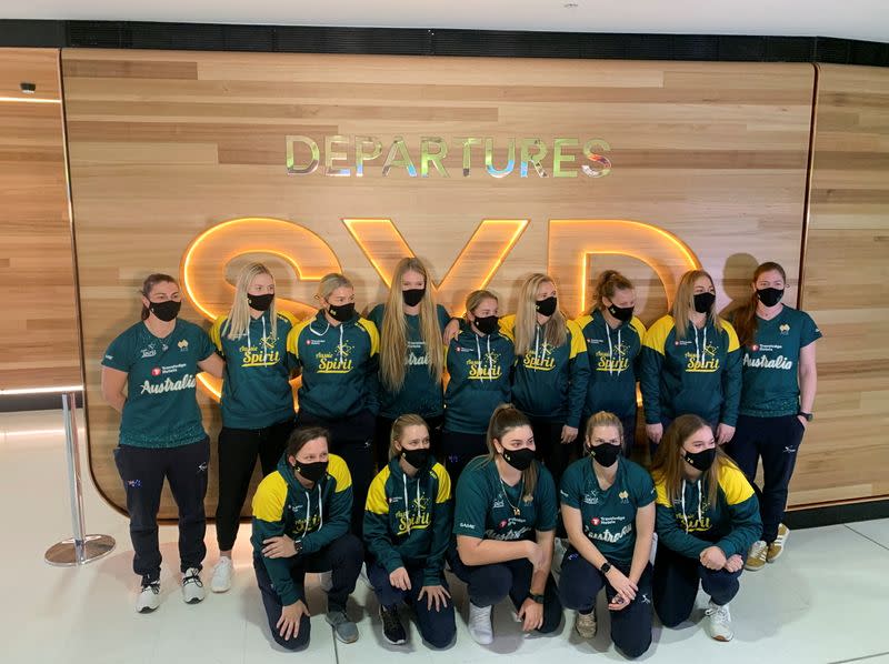 Members of Australia’s Olympic softball squad at Sydney Airport on May 31, 2021 before their departure for a pre-Games training camp in Ota, Gunma Prefecture