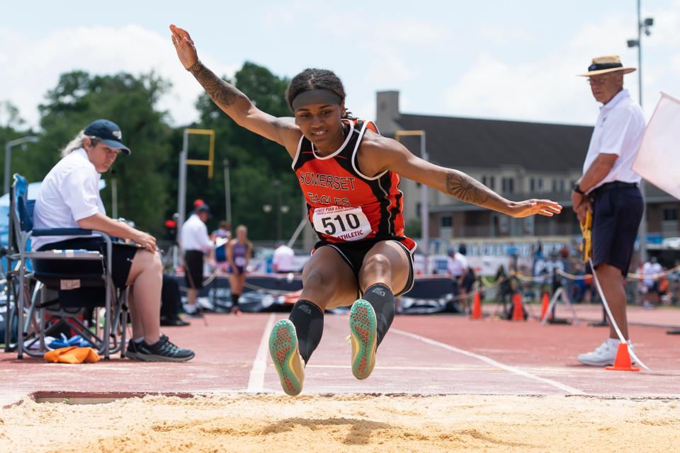 Somerset Area's Hailey Rios competes in the 3A girls' long jump at the PIAA Track and Field Championships at Shippensburg University on Saturday, May 28, 2022.