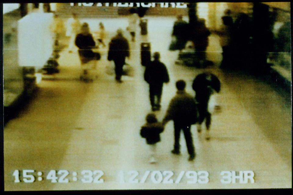 Supermarket monitoring camera video: James Bulger holding the hand of one of his murderers. (Photo by Mathieu Polak/Sygma/Sygma via Getty Images)