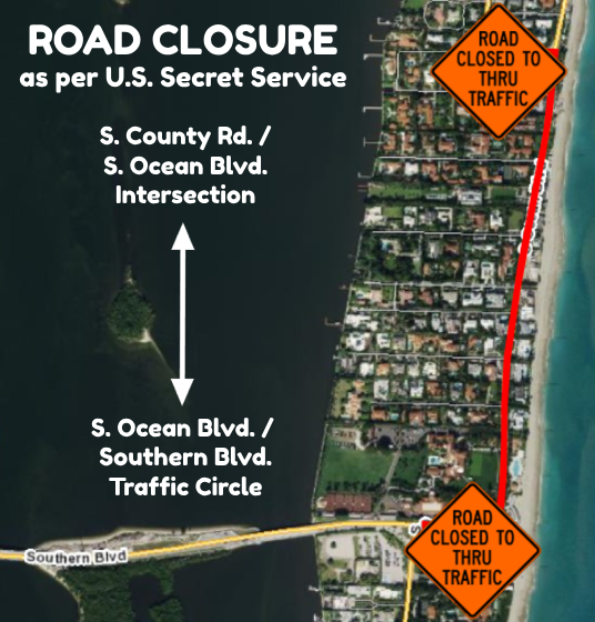 This map created by Palm Beach shows where South Ocean Boulevard will be closed beginning 5 a.m. Saturday, July 20, through at least the Nov. 5 general election.