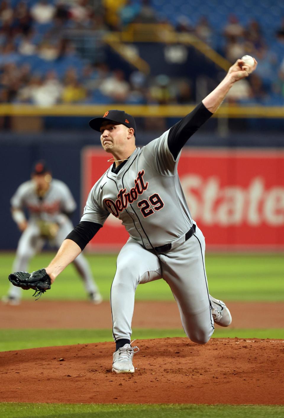 Tigers pitcher Tarik Skubal throws a pitch against the Rays during the first inning on Monday, April 22, 2024, in St. Petersburg, Florida.