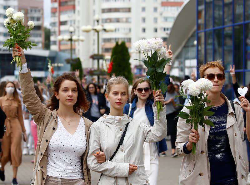 Women take part in a demonstration against police violence in Minsk