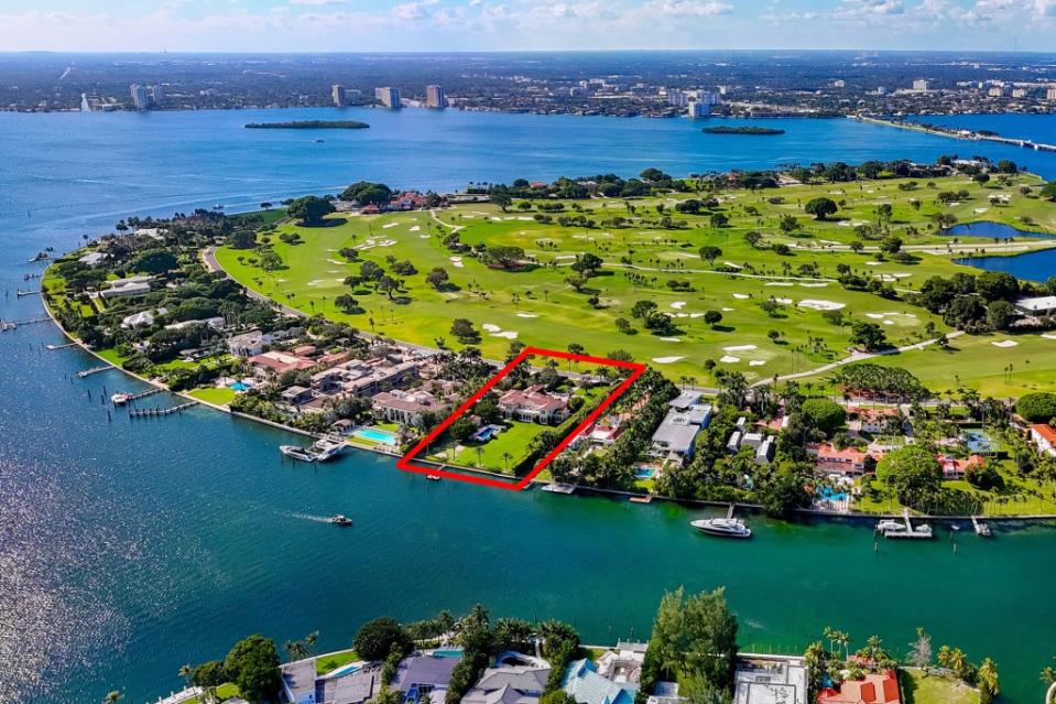 The outline shows Jeff Bezos’ new property purchase from an aerial drone photo of Miami Beach’s Indian Creek Island. Alamy Stock Photo