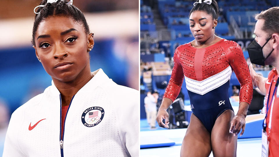 Simone Biles, pictured here after she withdrew from the women's team final after one vault.