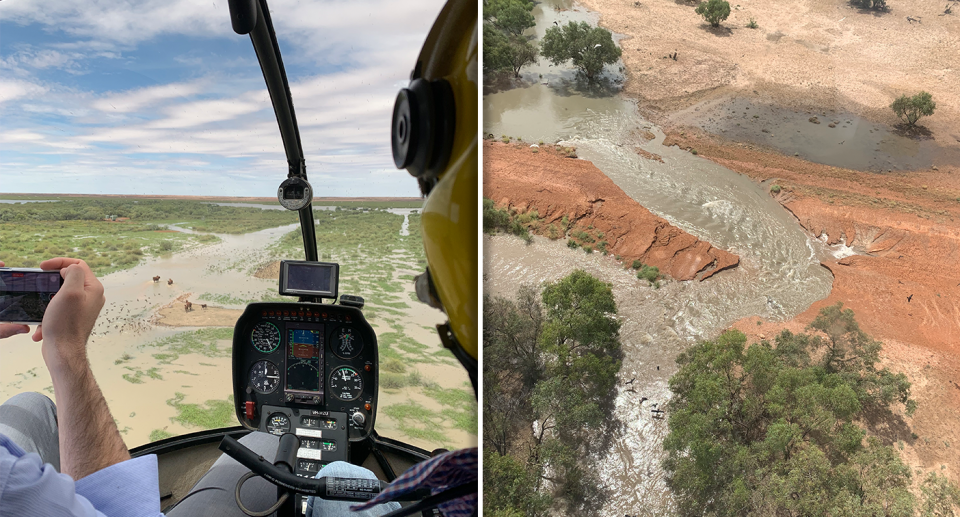 Right - a scene from inside the chopper showing floodplains. Right - The Birdsville Road at Glengyle with floodwaters running through it.