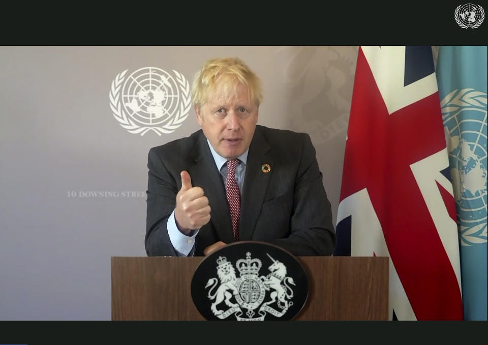 In this photo made from UNTV video, Boris Johnson, British Prime Minister Boris Johnson speaks in a pre-recorded message which was played during the 75th session of the United Nations General Assembly, Saturday, Sept. 26, 2020, at UN Headquarters. (UNTV Via AP )