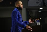 Dallas Cowboys quarterback Dak Prescott speaks during a news conference following an NFL wild-card playoff football game against the San Francisco 49ers in Arlington, Texas, Sunday, Jan. 16, 2022. (AP Photo/Ron Jenkins)