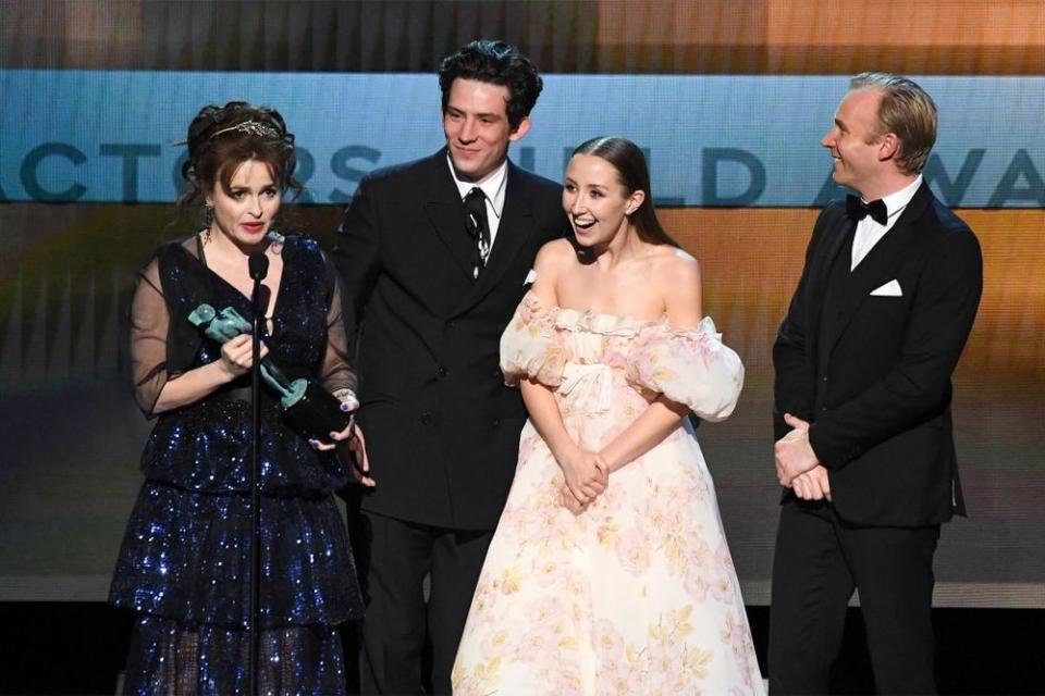 Helena Bonham Carter (L) at the cast of The Crown at the 2020 SAG Awards | ROBYN BECK/AFP via Getty