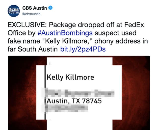 The suspect used a fake name and address on the parcels he dropped off to the FedEx facility. Source: Twitter/ CBS Austin