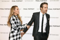 Blake Lively, left, and Ryan Reynolds, right, attend a special screening of "Final Portrait" at the Solomon R. Guggenheim Museum on Thursday, March 22, 2018, in New York. (Photo by Andy Kropa/Invision/AP)