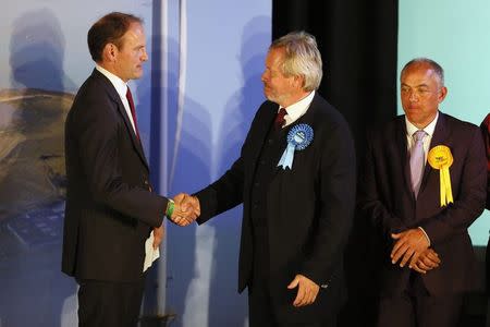 United Kingdom Independence Party (UKIP) candidate Douglas Carswell (L) is congratulated by the Conservative Party candidate Giles Watling (C) after winning the by-election in Clacton-on-Sea in eastern England October 10, 2014. REUTERS/Stefan Wermuth