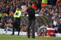 Arsenal manager Mikel Arteta gestures on the touchline during the Premier League match betweem Leeds United and Arsenal at Elland Road in Leeds, Britain, Sunday Oct. 16, 2022. (Tim Goode/PA via AP)