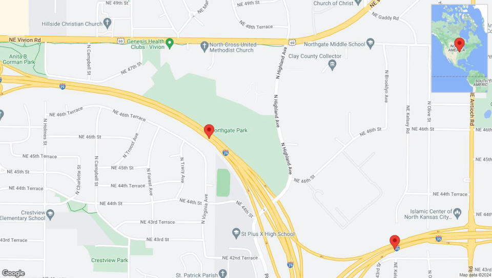 A detailed map that shows the affected road due to 'Heavy rain prompts traffic advisory on Northeast 46th Terrace in Kansas City' on May 2nd at 5:08 p.m.