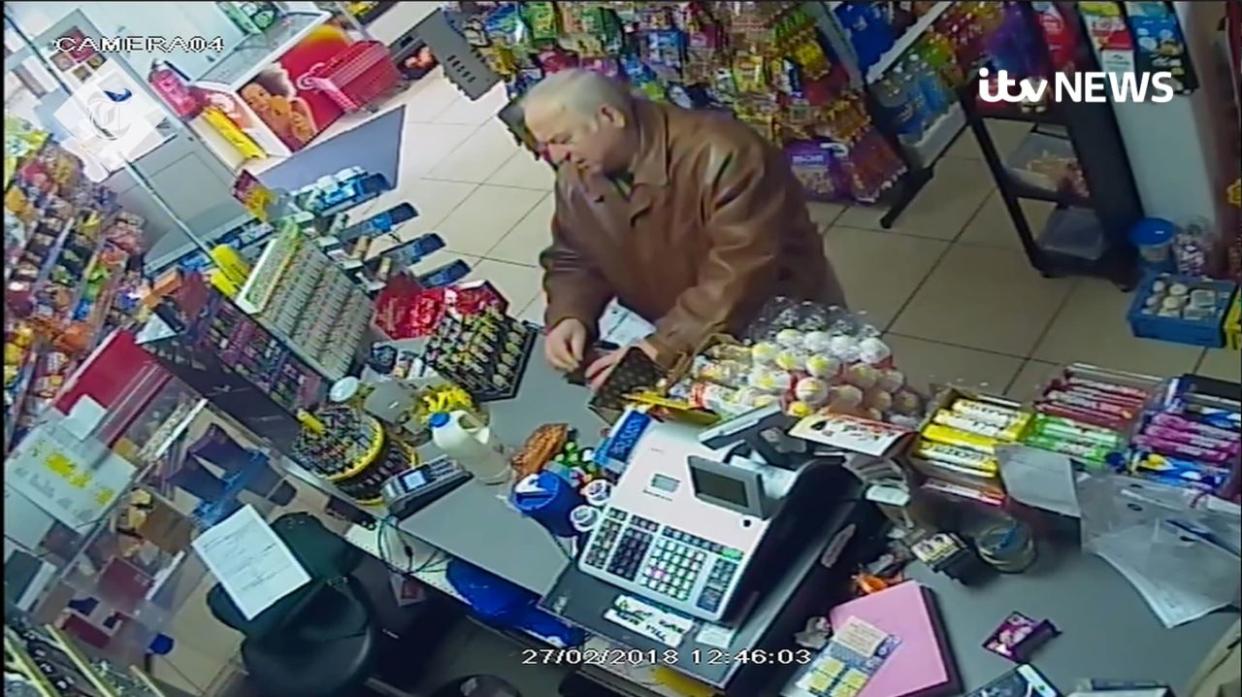 Skripal was pictured picking up scratch cards and groceries (ITV)